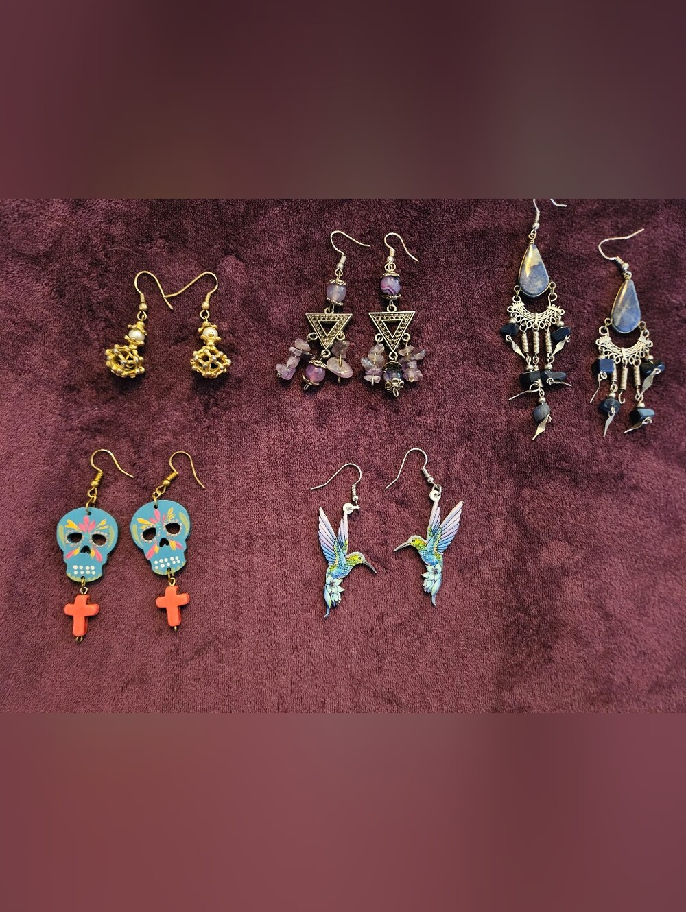 5 Fun Earrings Including Hummingbird. Skull Dangle 5